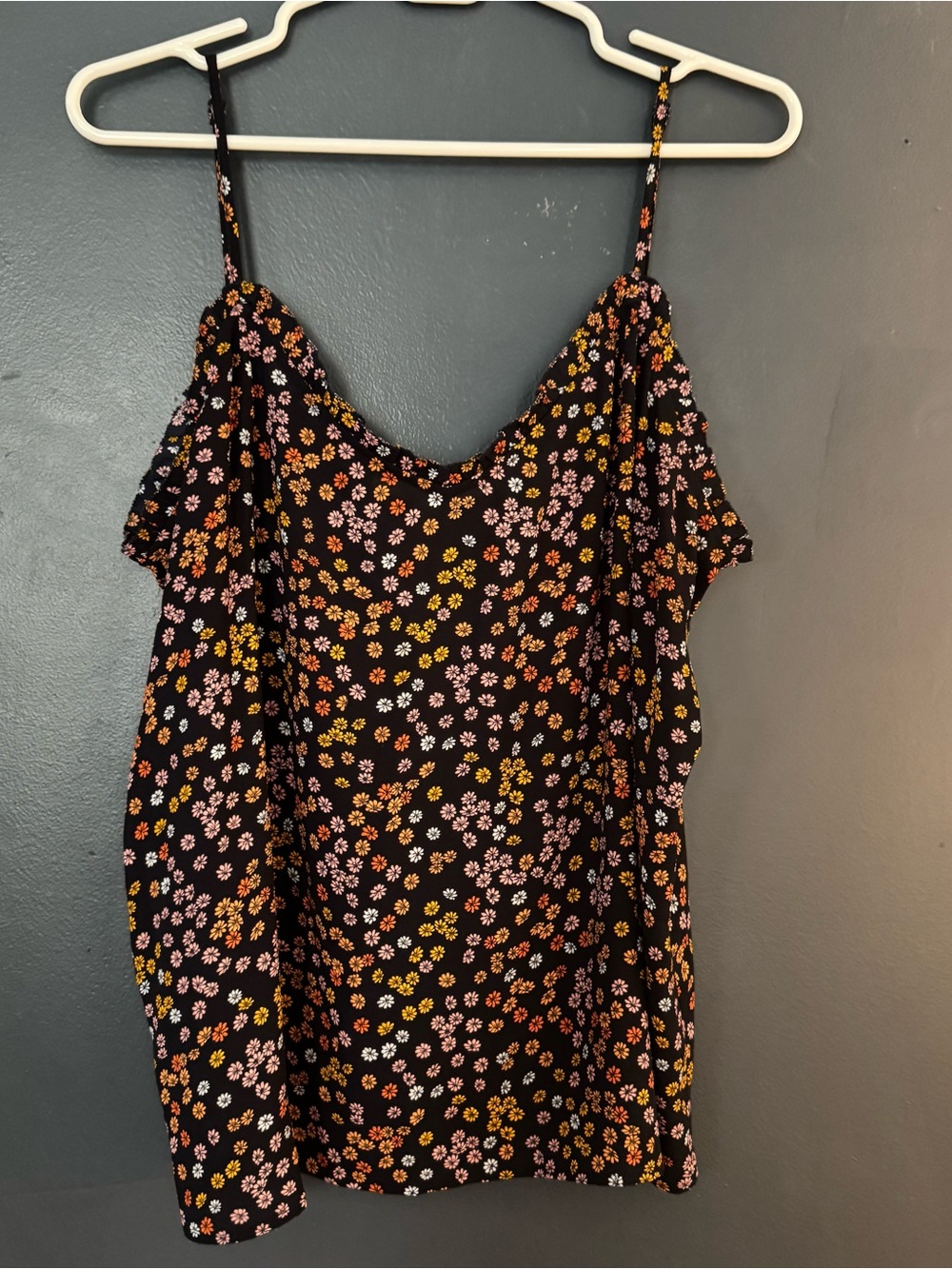 LOFT Black Floral Spaghetti Strap Cami with Pink & Yellow Daisies XL Petite